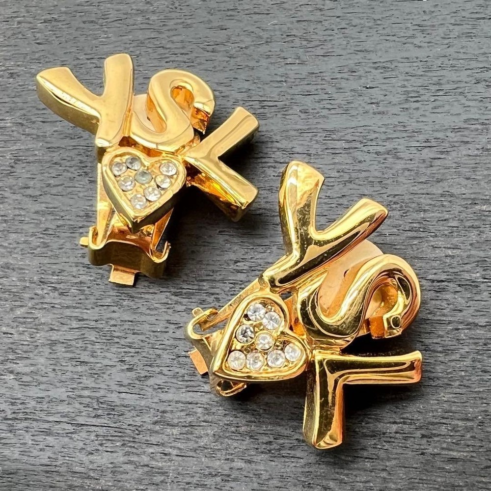 Yves Saint Laurent Vintage Heart Logo Rhinestone Clip On Earrings Gold Tone