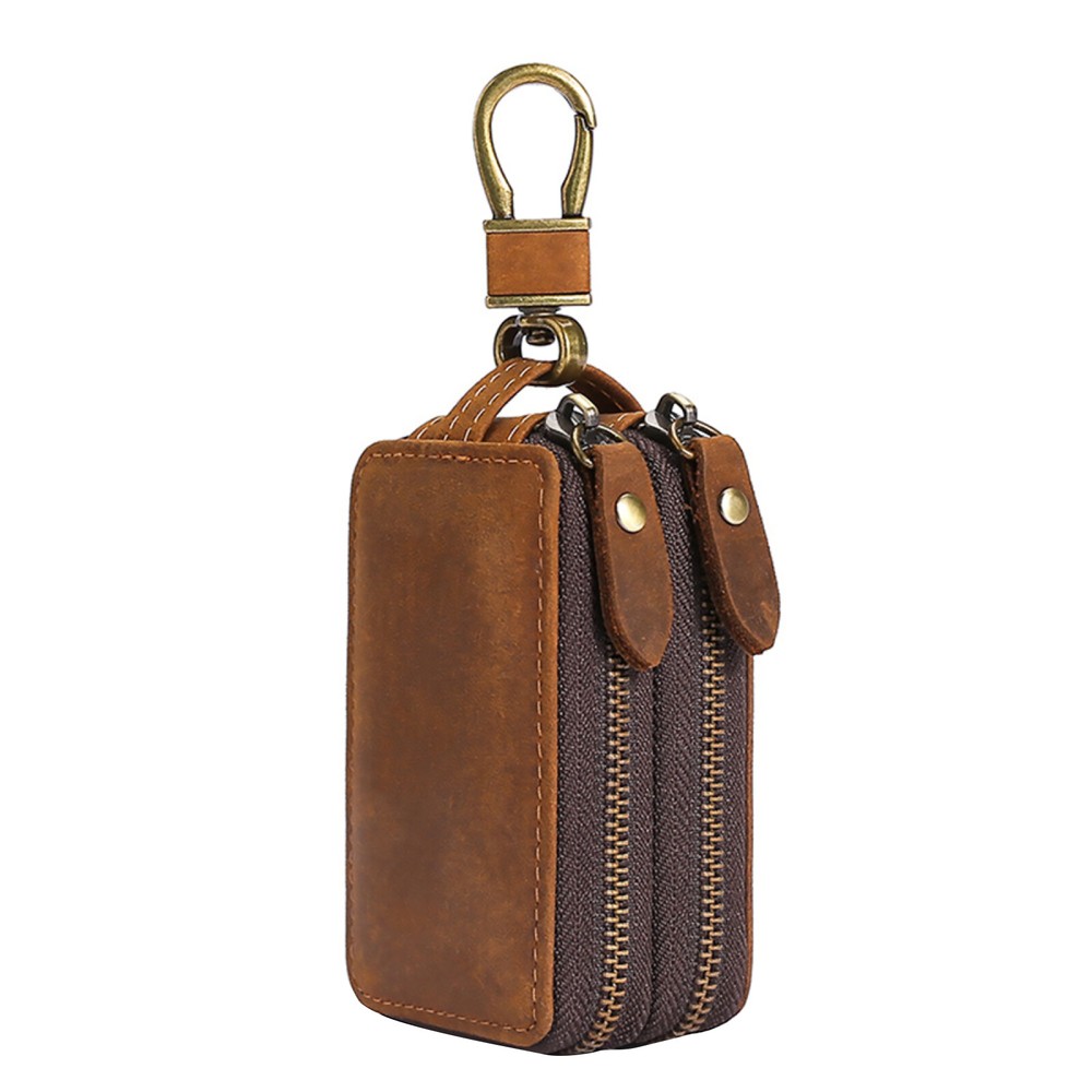 Genuine Leather Key Wallet with Zipper – Car Key Holder & Housekeeper Pouch
