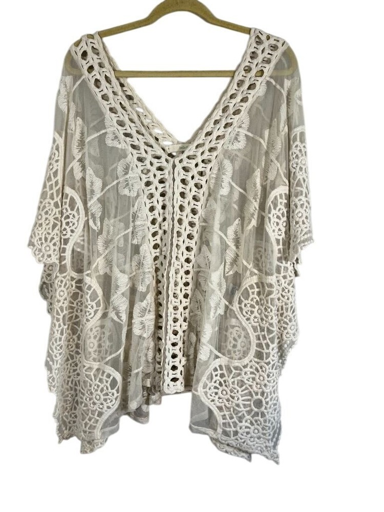 Belle France Top M Cream Kimono Crochet Floral Embroidery Beach Y2K Concert