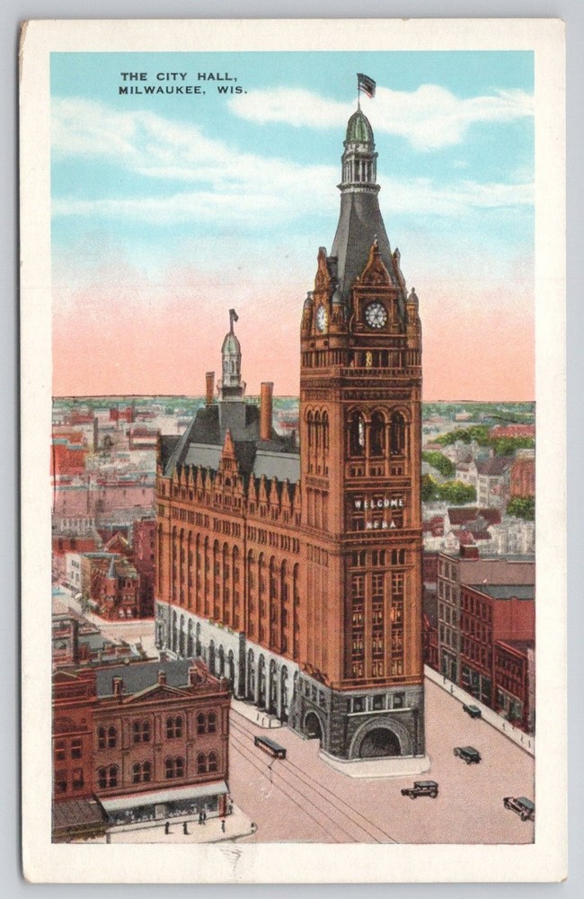Milwaukee City Hall Wisconsin Postcard E. C. Kropp Co. Vintage Hand-Colored