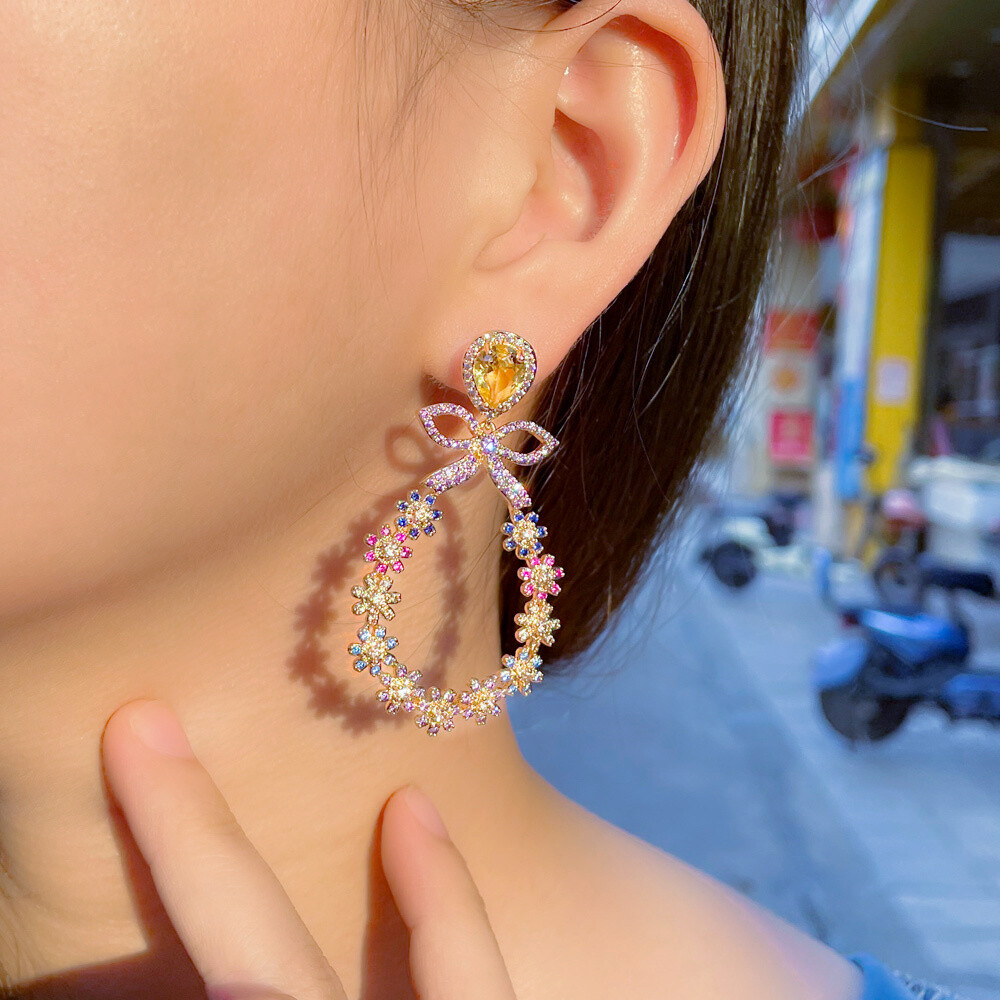 Gold Plated Flower Cluster Long Drop Earrings Women Cubic Zirconia Party Jewelry