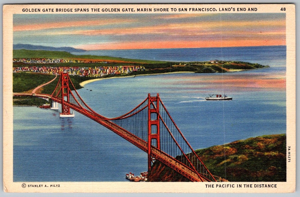 Vtg Linen Postcard Golden Gate Bridge San Francisco, CA 1930s
