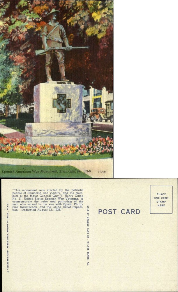 Spanish-American War Monument Shamokin Pennsylvania PA military linen 1940s