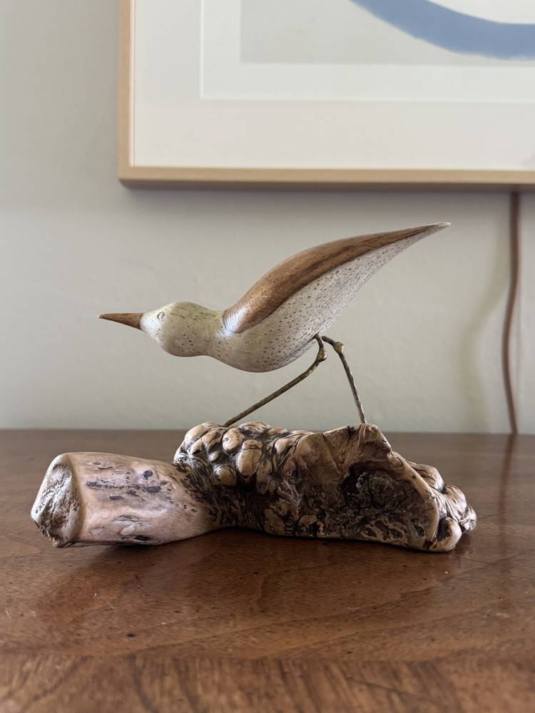 Vintage MCM Signed Jack Francis Hand Carved Wood Sandpiper Statue on Burlwood