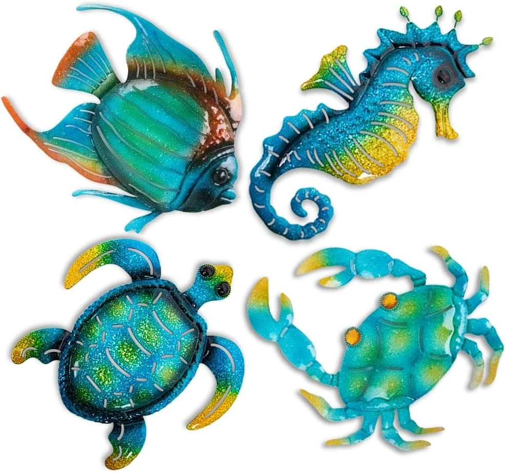 Metal Beach Wall Decor Art, Ocean Themed Sea Turtle Fish Seahorse Crab Coastal W