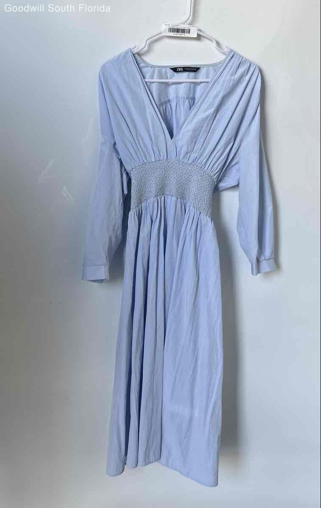 Zara Womens Light Blue Long Sleeve V-Neck Smocked Fit & Flare Dress Size Small