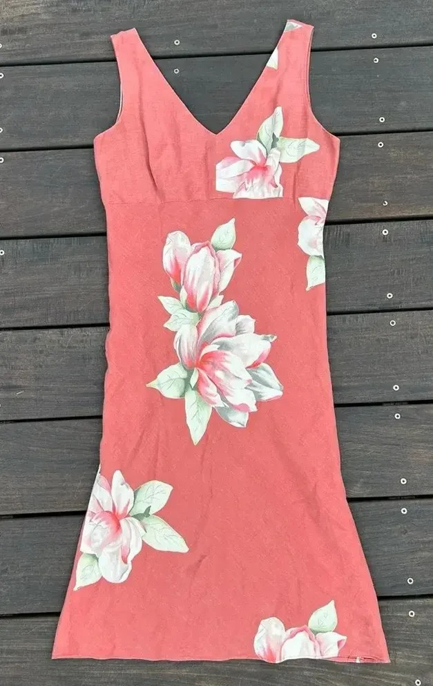 READ! Vintage 90s Coral Tropical Magnolia Linen-Silk Blend Sleeveless Slip Dress