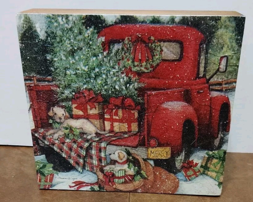 Decoupage Plaque Red Truck Christmas Scene Dogs Wood Country Style