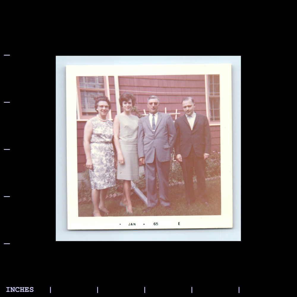 Square Color Photo MEN WOMEN STANDING OUTSIDE HOUSE 1965