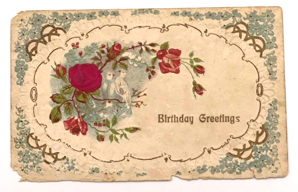 Birthday Greetings Roses Floral Embossed Border Antique Postcard