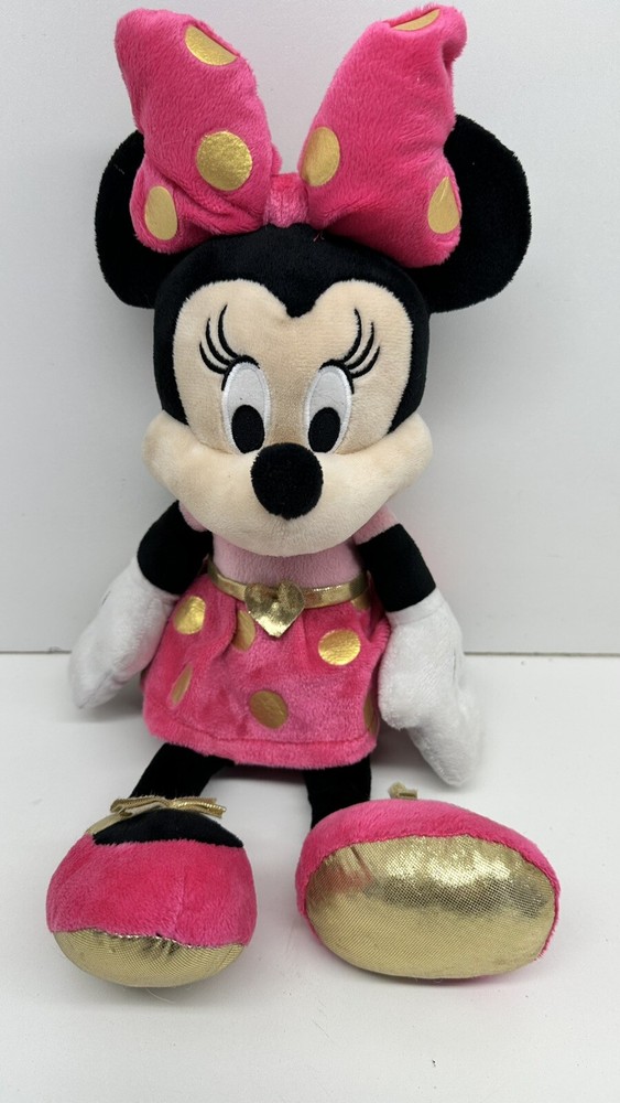 Disney Minnie Mouse Plush Toy Pink Dress Gold Bow And Polka Dots 15”