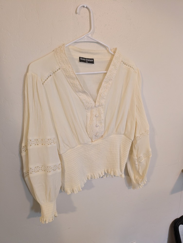 Scarlett Darkness Ivory Boho Peasant Crop Top Ren Faire Lace Smocked Top 2xl