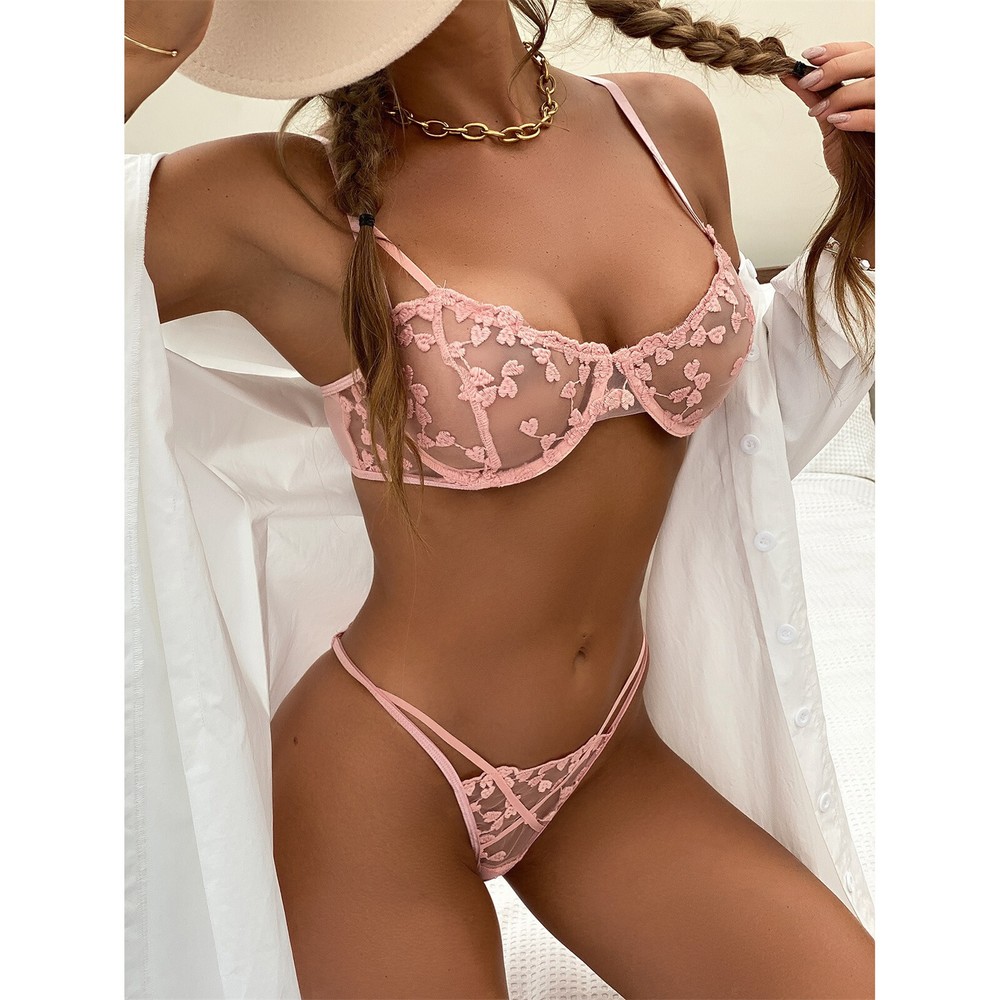 Sexy G-string Flowers Lace Bra Lingerie Thong Steel Ring Sleepwear Underwear