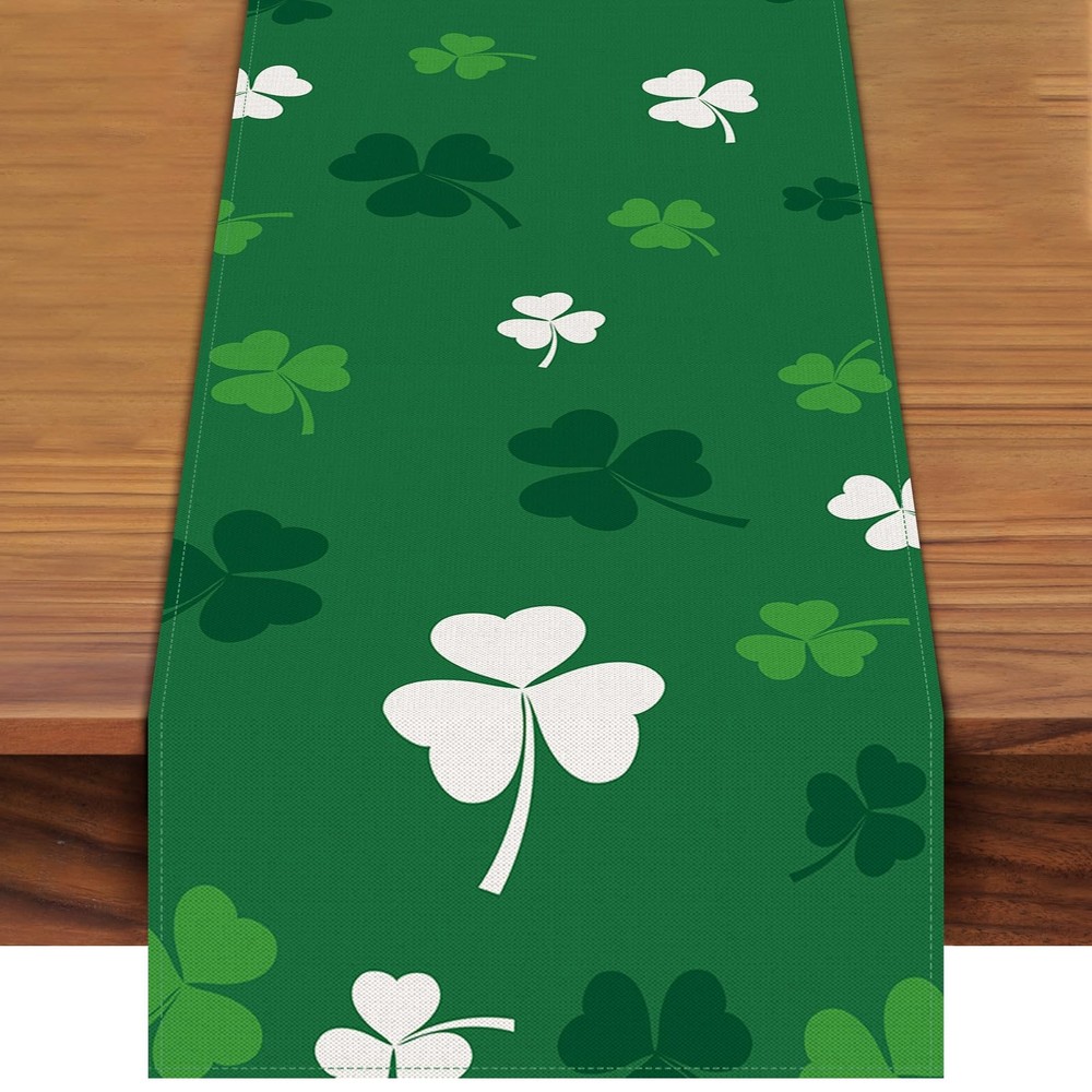 St. Patrick's Day Shamrock Table Runner 72 x 13 Inch, Green and White Clover Pat