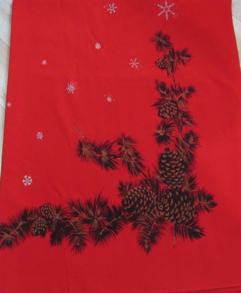 VTG MCM California Hand Prints Christmas Pinecone Banquet Tablecloth +12 Napkins