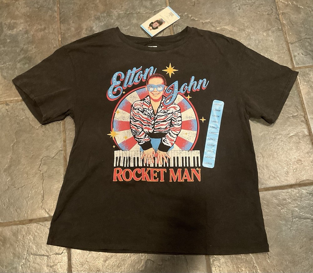 ELTON JOHN Official Merchandise Licensed Band Tee Women's, Sizes Large Black
