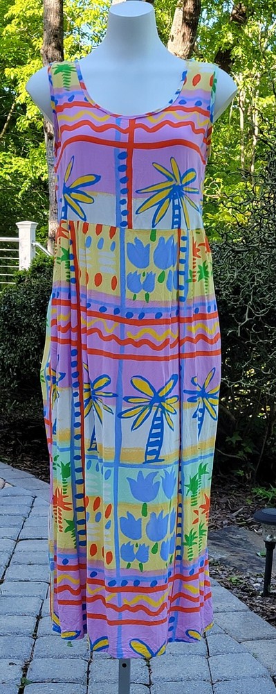 Vintage Jams World Sleeveless Dress Multicolored Bright Palm Abstract Print Sz S-image
