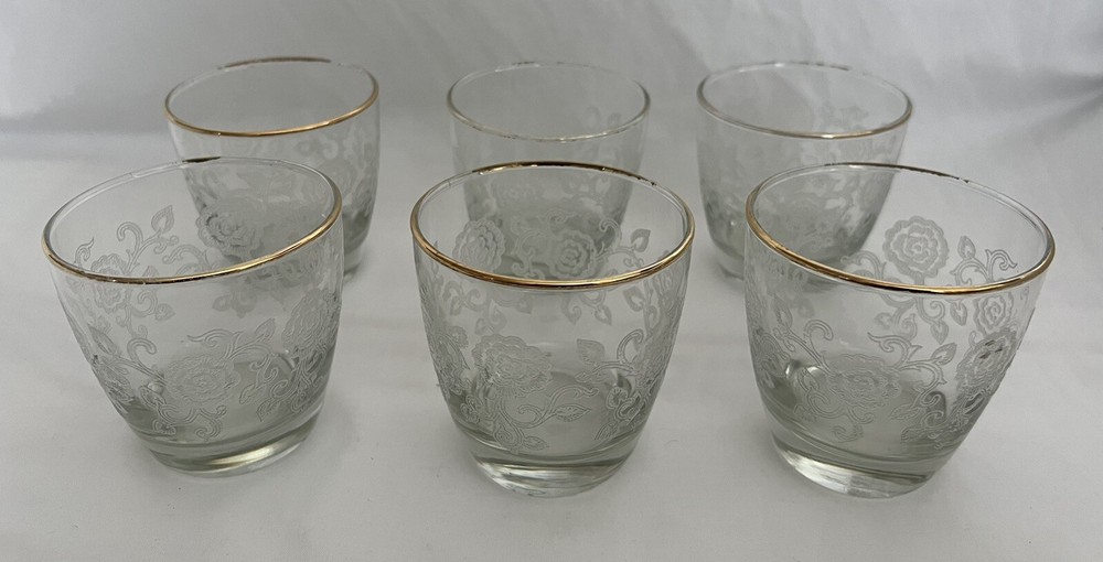 Vintage Libbey Raised Floral Lace Gold Rimmed Drinking Glasses 8oz Set of Six