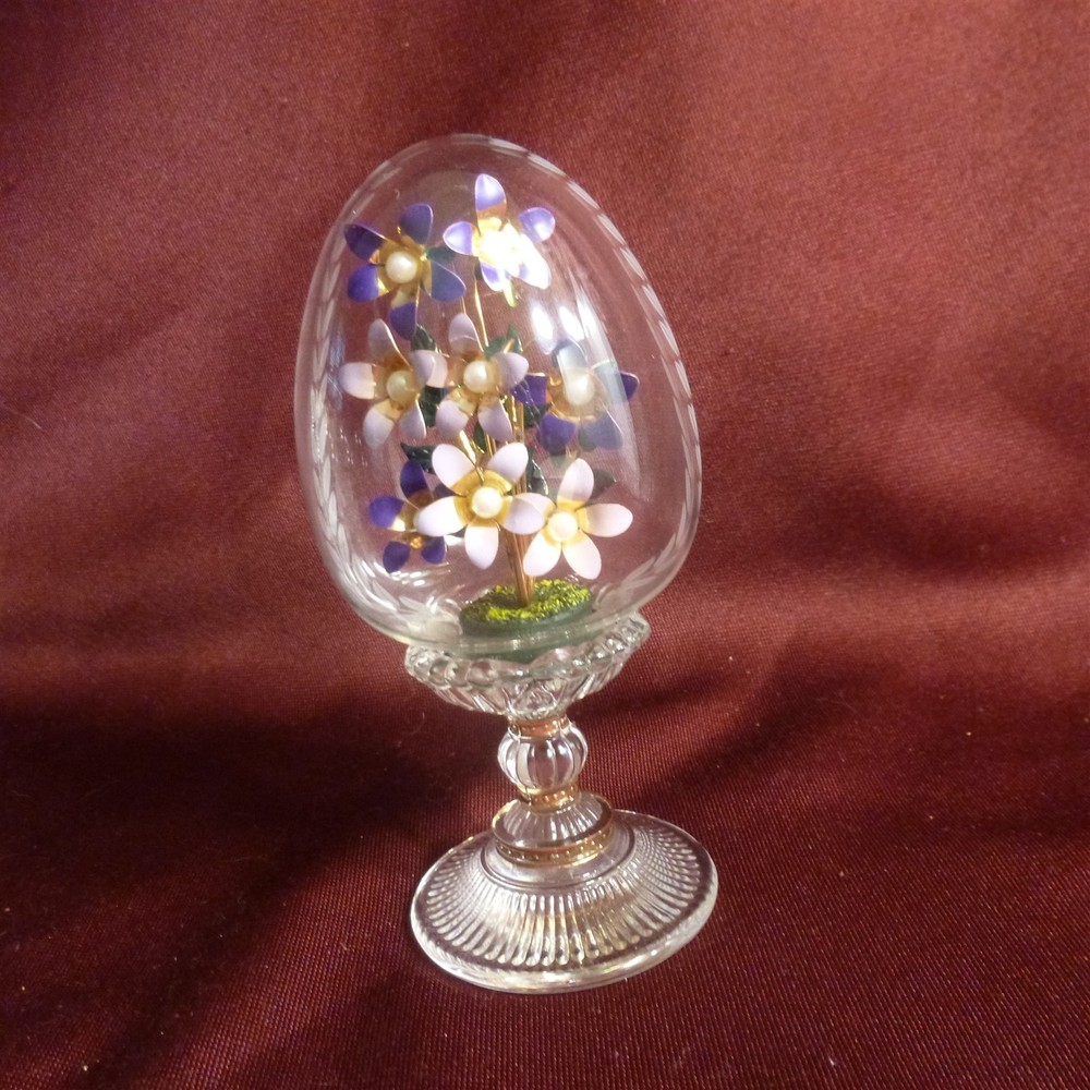 Franklin Mint Faberge Austria Crystal Egg on Pedestal-PURPLE Enamel Bouquet 5.5