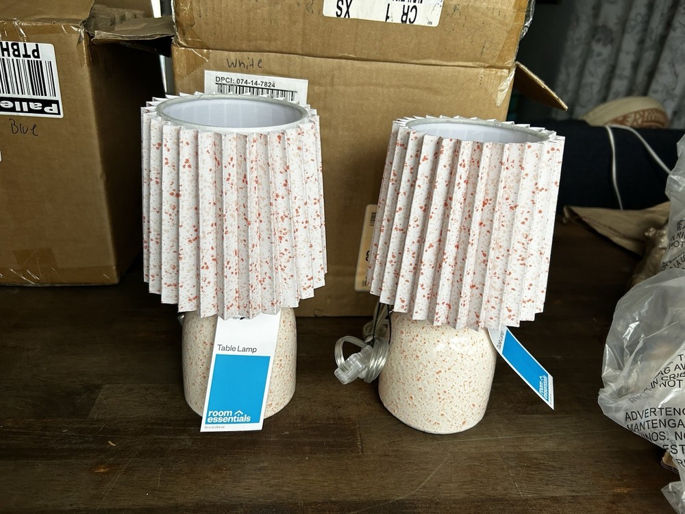 Set of 2 Mini Printed Ceramic Base Table Lamps with Printed Pleated Shades