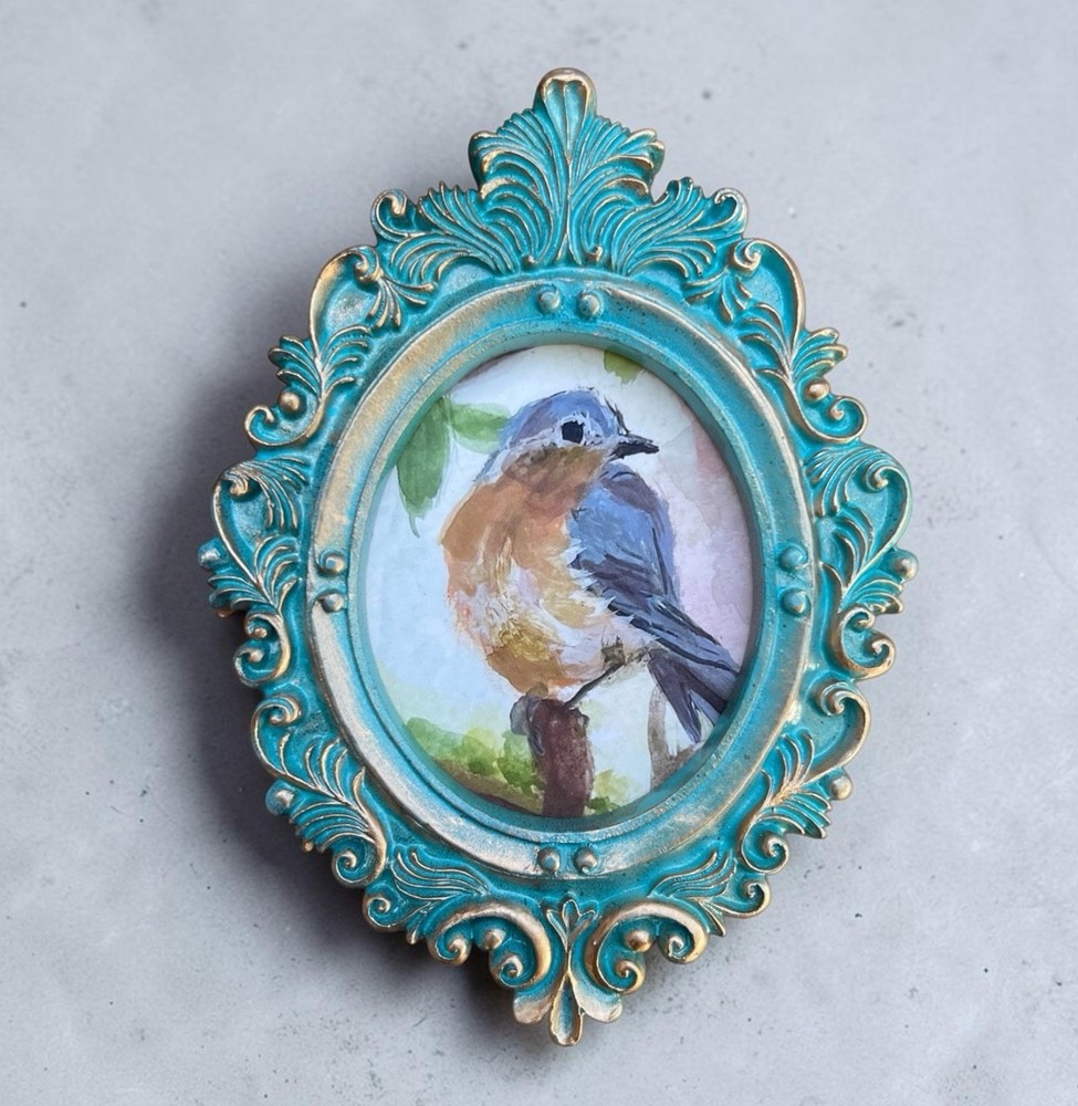 Bluebird watercolor bird print of my original painting in mini ornate frame