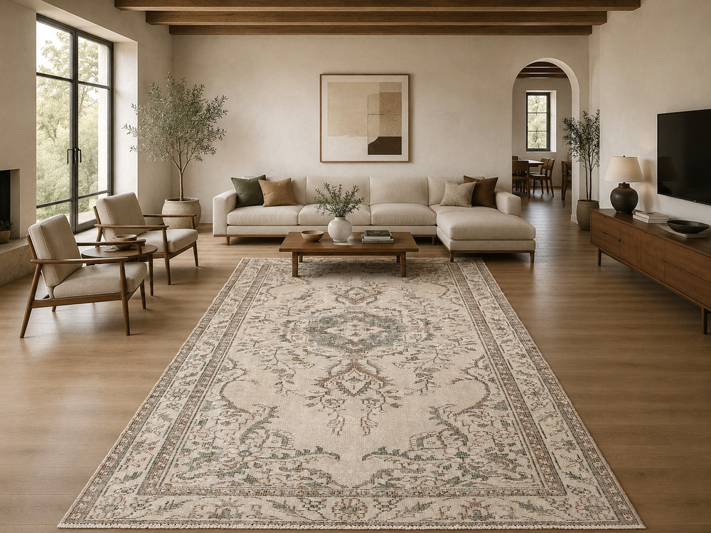 Vintage Beige Oriental Rug, 5.6x9.4ft, Antique Turkish Handmade Medallion Rug,