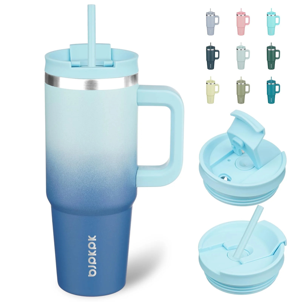 30oz Sky Blue Insulated Stainless Steel Tumbler with Handle, Lid & Straw