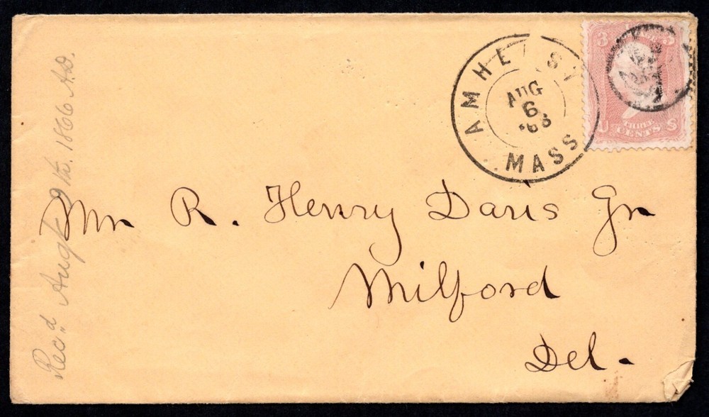 Us 1866 Post Civil War Cover Amherst Mass. To Milford Del. Rare Fancy Cancel
