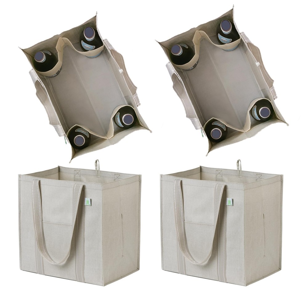 4 Pack Large Reusable Grocery Tote Bags with 4 Pockets & Sturdy Bottom  