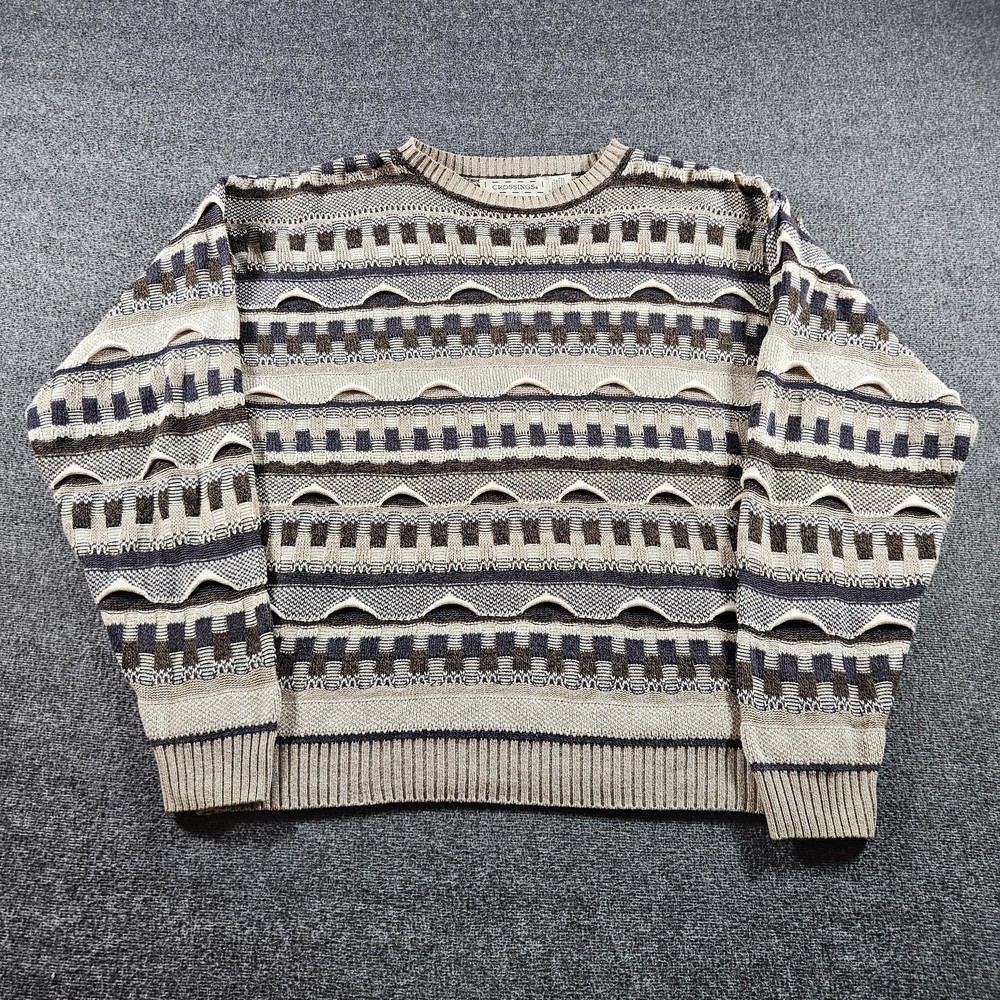 Vintage Crossings Sweater Mens Medium Beige 3D Knit Geometric Made USA 90s