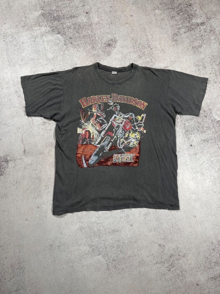 Harley Davidson 3D Emblem Men's Vintage T-Shirt 80s American Steel Biker Tee USA