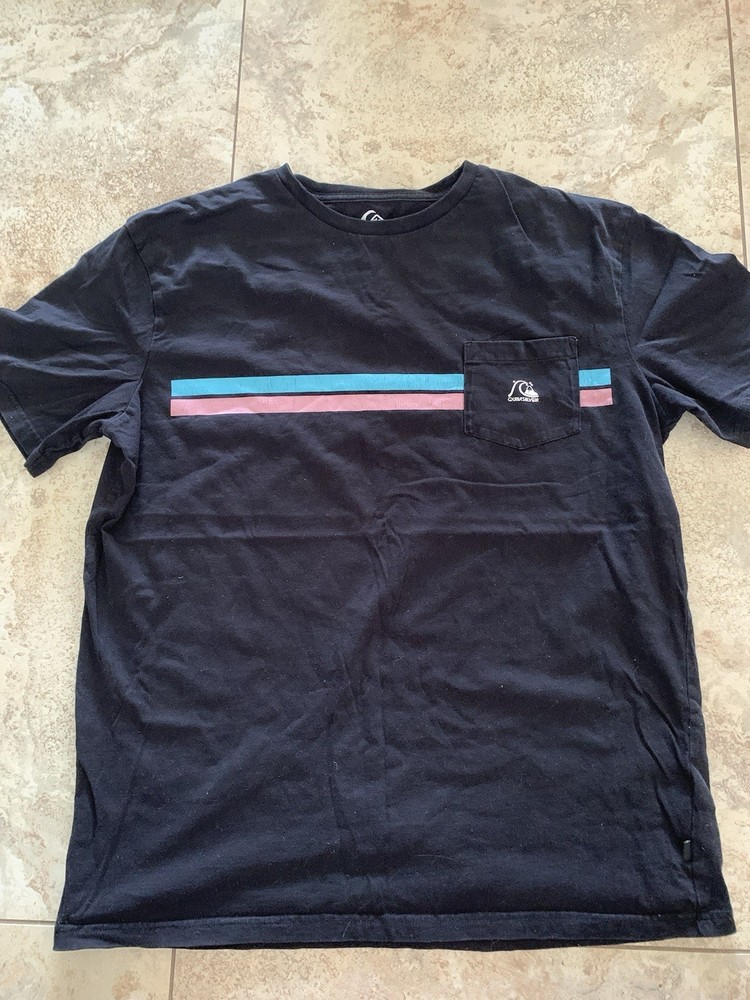 Quiksilver Men’s XL Black Striped Pocket Logo Crew Neck Short Sleeve T-Shirt