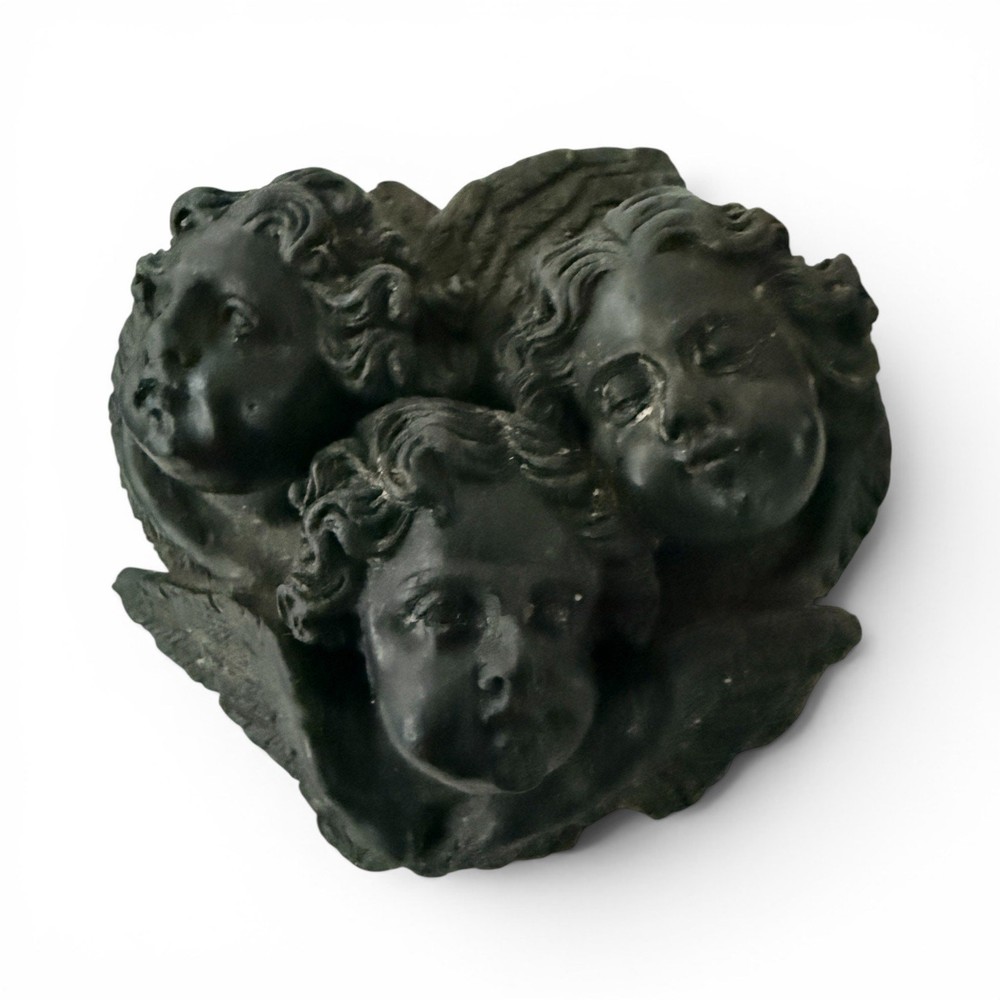 Antique Black Lava Stone Brooch Pin Carved 3 Cherubs Victorian Mourning