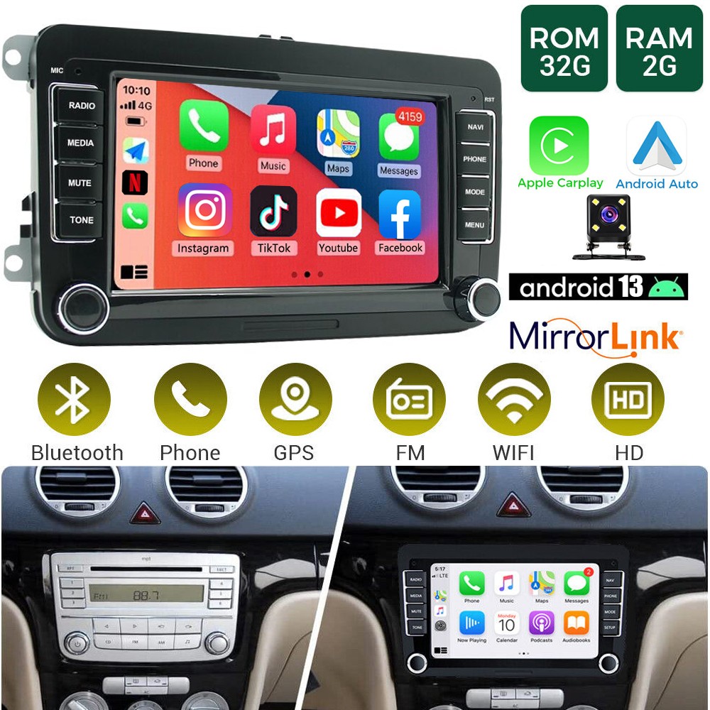 For VW Golf MK5 MK6 Jetta Amarok Android 13 Apple CarPlay Car Stereo GPS Navi
