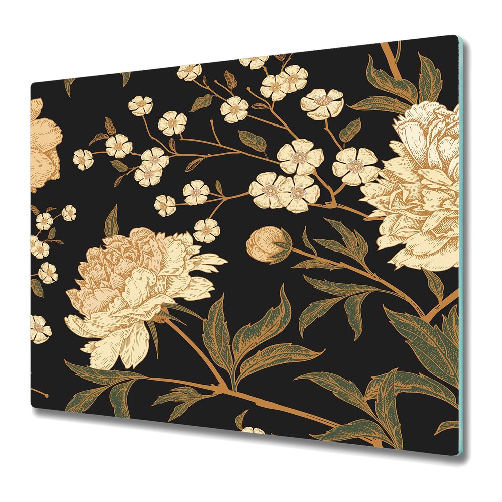 Serving Chopping Board Glass Cover White peony white and brown 60x52