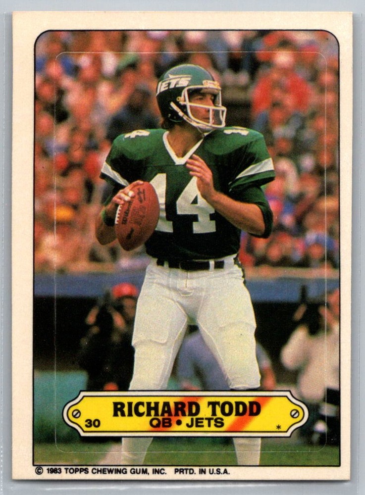 1983 Topps Richard Todd NY Jets Sticker #30 NFL Vintage Football Card