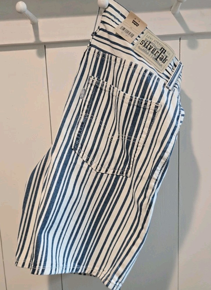 Levi's Silver Tab Blue White Stripes Denim Baggy Shorts Size 28 NWT