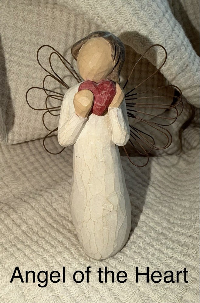 Angel Figurine Holding Red Heart, Free-Standing, White Brown Red