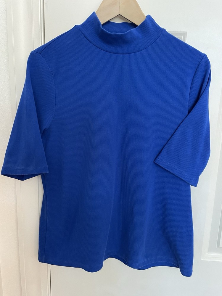 Lands End Womens Half Sleeve Mock Neck Top Tee Sz L Ribbed Royal Blue Layer