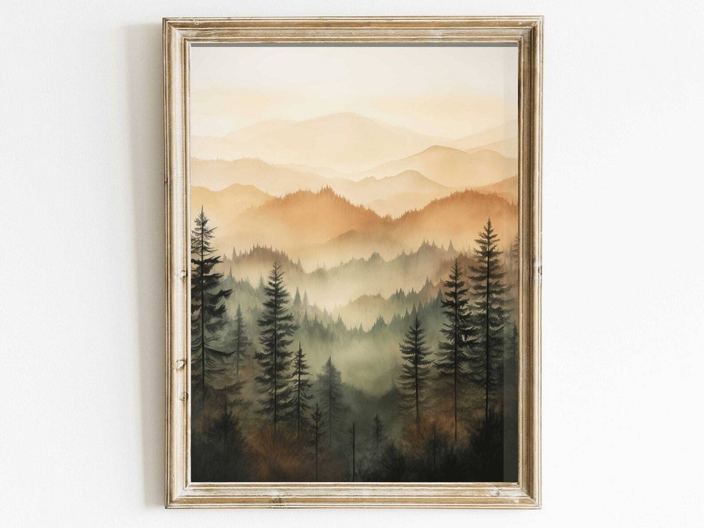 Forest Wall Art Watercolor Forest Landscape Nature Print Misty Forest Mountain