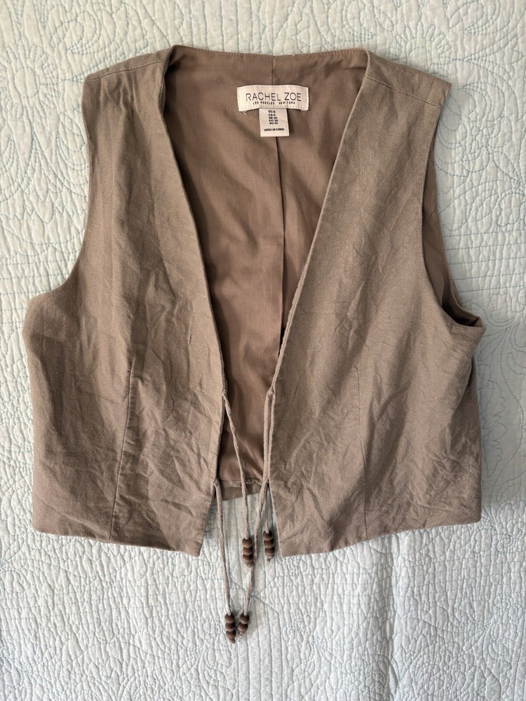 Rachel Zoe Linen Front Tie Vest Tan Beige Beaded Ties Size 6