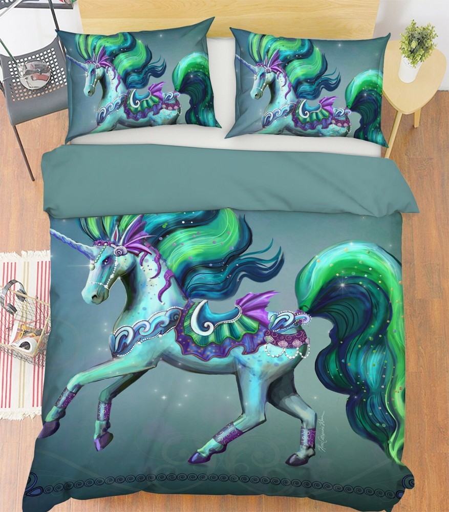 3D Green Unicorn A019 Bed Pillowcases Quilt Duvet Cover Rose Catherine Zoe
