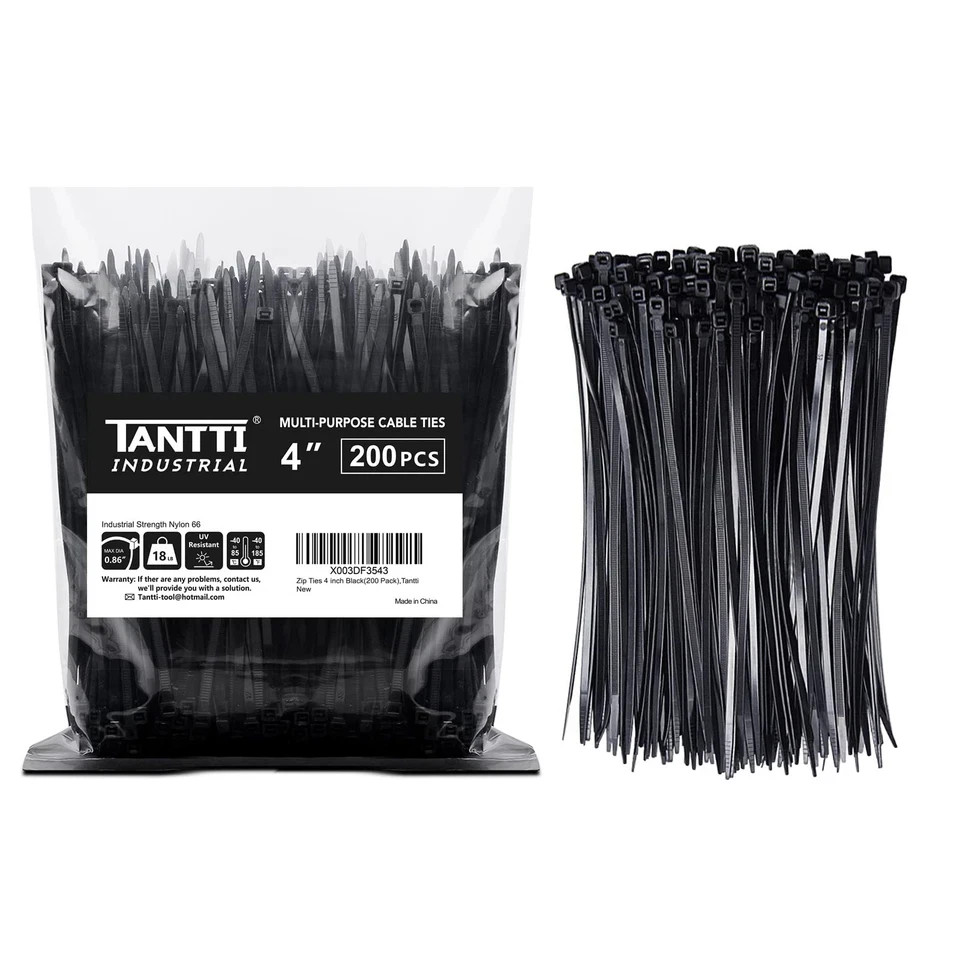 4-Inch Black Zip Ties 18 lb Strength 200-Pack