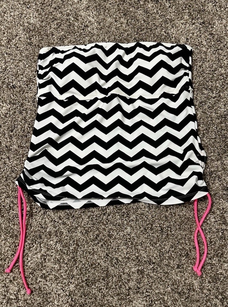 Women’s Black & White Chevron Print Tankini Top With Pink Drawstrings | Size L
