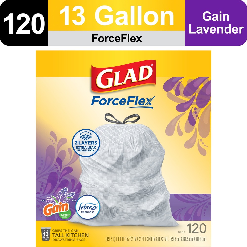 Bolsas de basura Glad ForceFlex altas con cordón de cocina, 13 galones, ganancia lavanda
