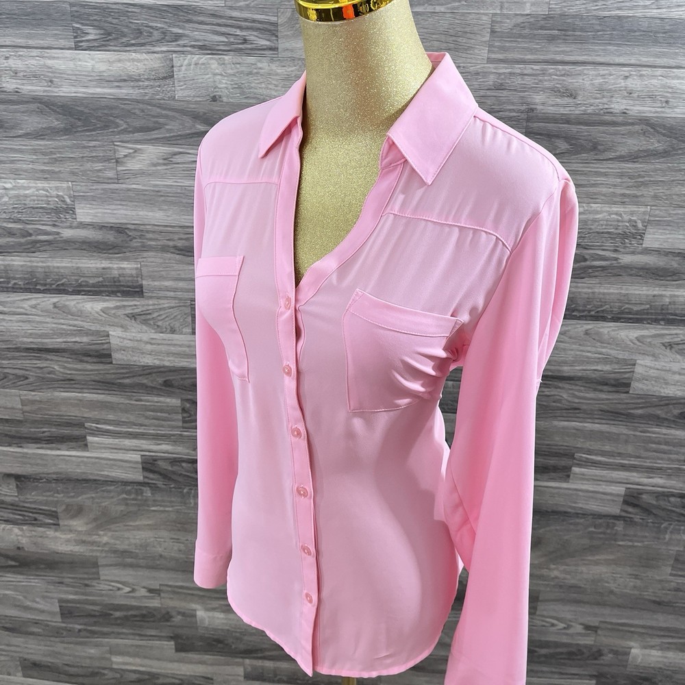 Express The Portofino Shirt Womens Small Button Up Tab Sleeve Blouse Pink Career