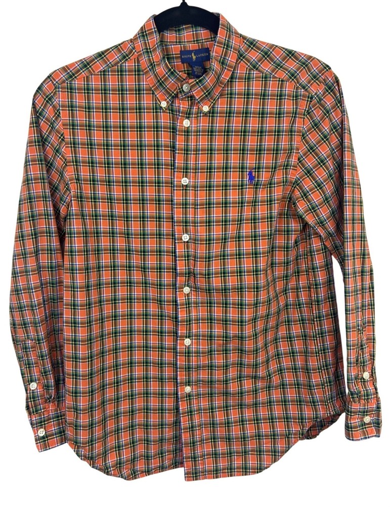Ralph Lauren Shirt Boys L 14-16 Orange Plaid Button-Down Long Sleeve Preppy