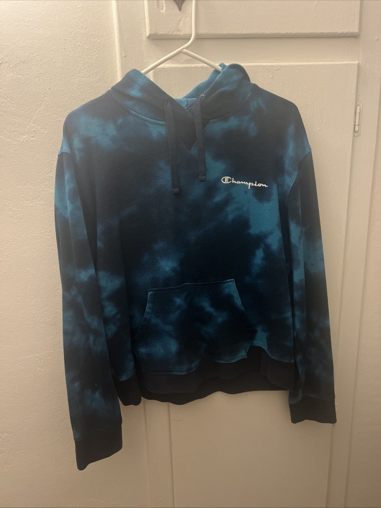 Champion Hoodie Womens XL Blue Tie Dye Sweatshirt Pullover Logo Retro Comfy