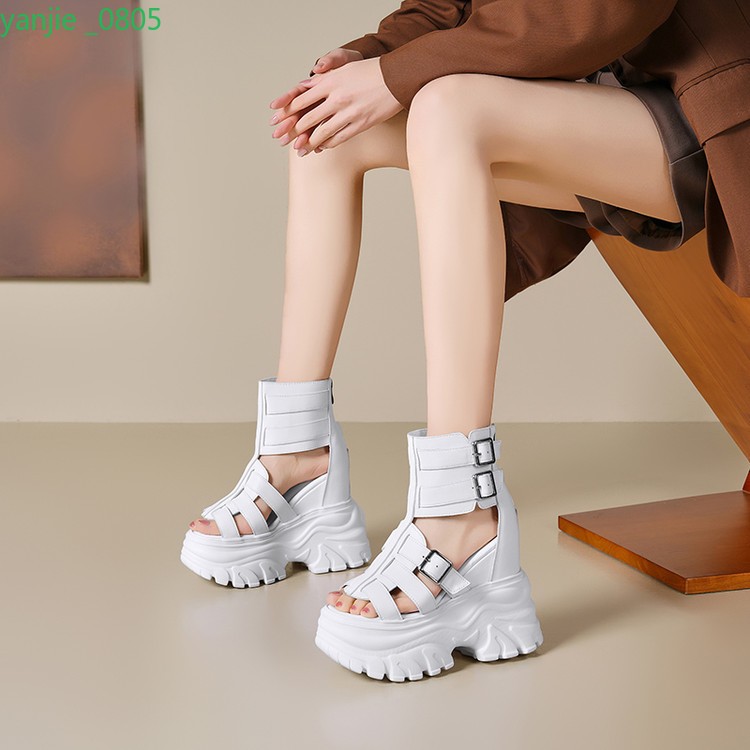Women's Leather Sandals Open Toe Shoes Multi Buckle Wedge Heel Side Zip Fashion