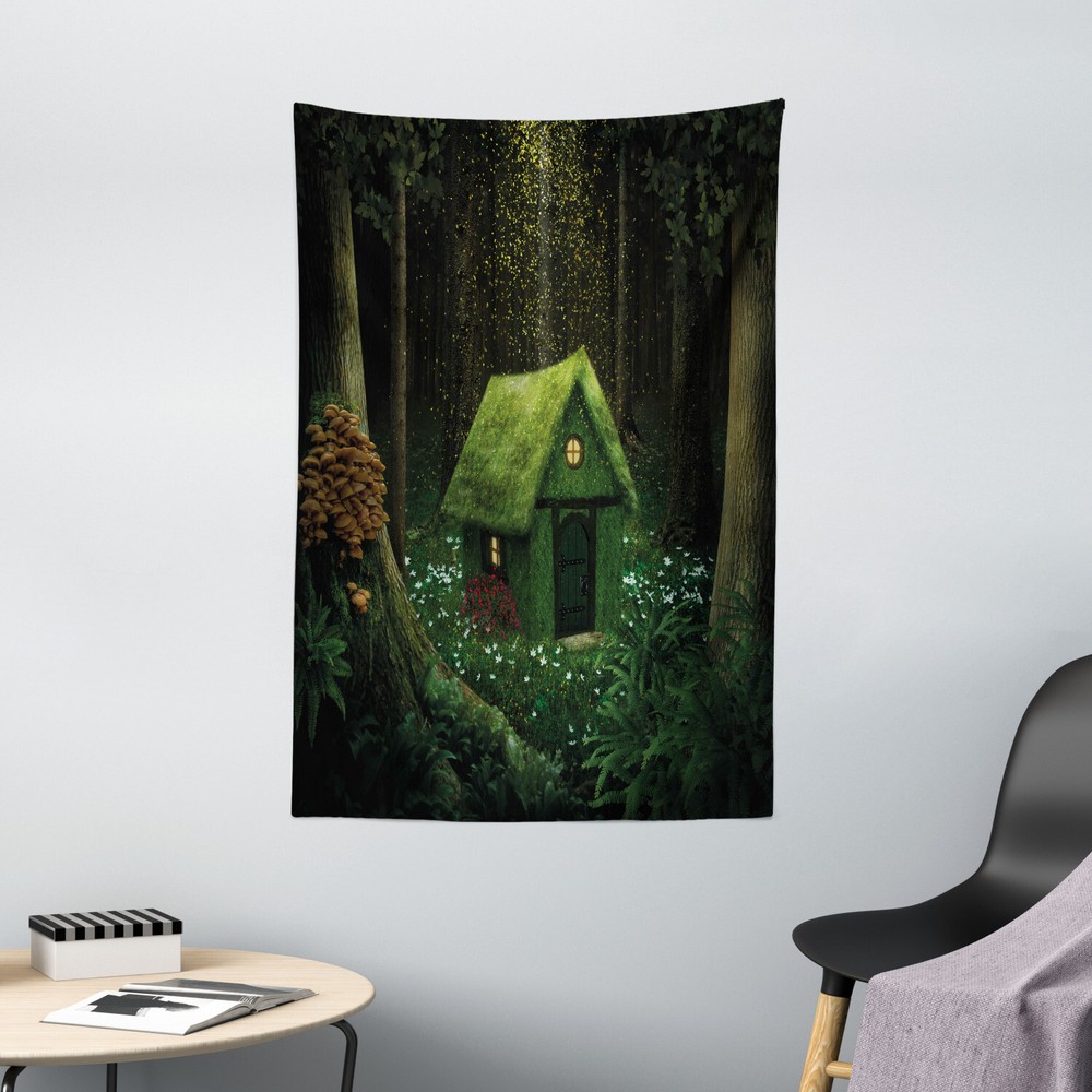 Green Tapestry Surreal Forest House Print Wall Hanging Decor